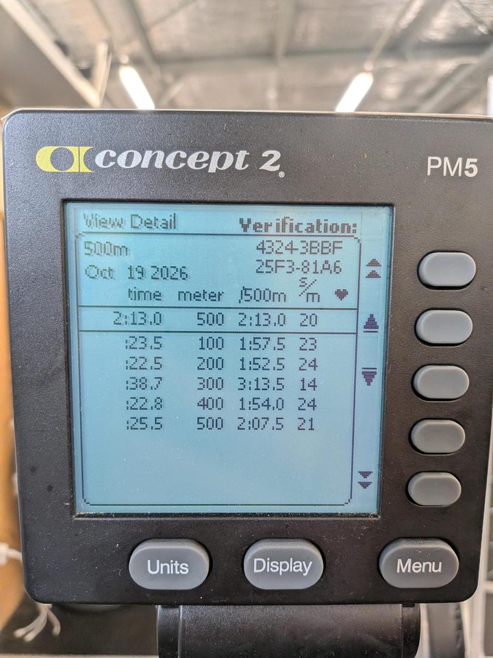 Example PM5 result screen for a 500m piece showing the result and a verification code. The summary row is outlined below the column headers.