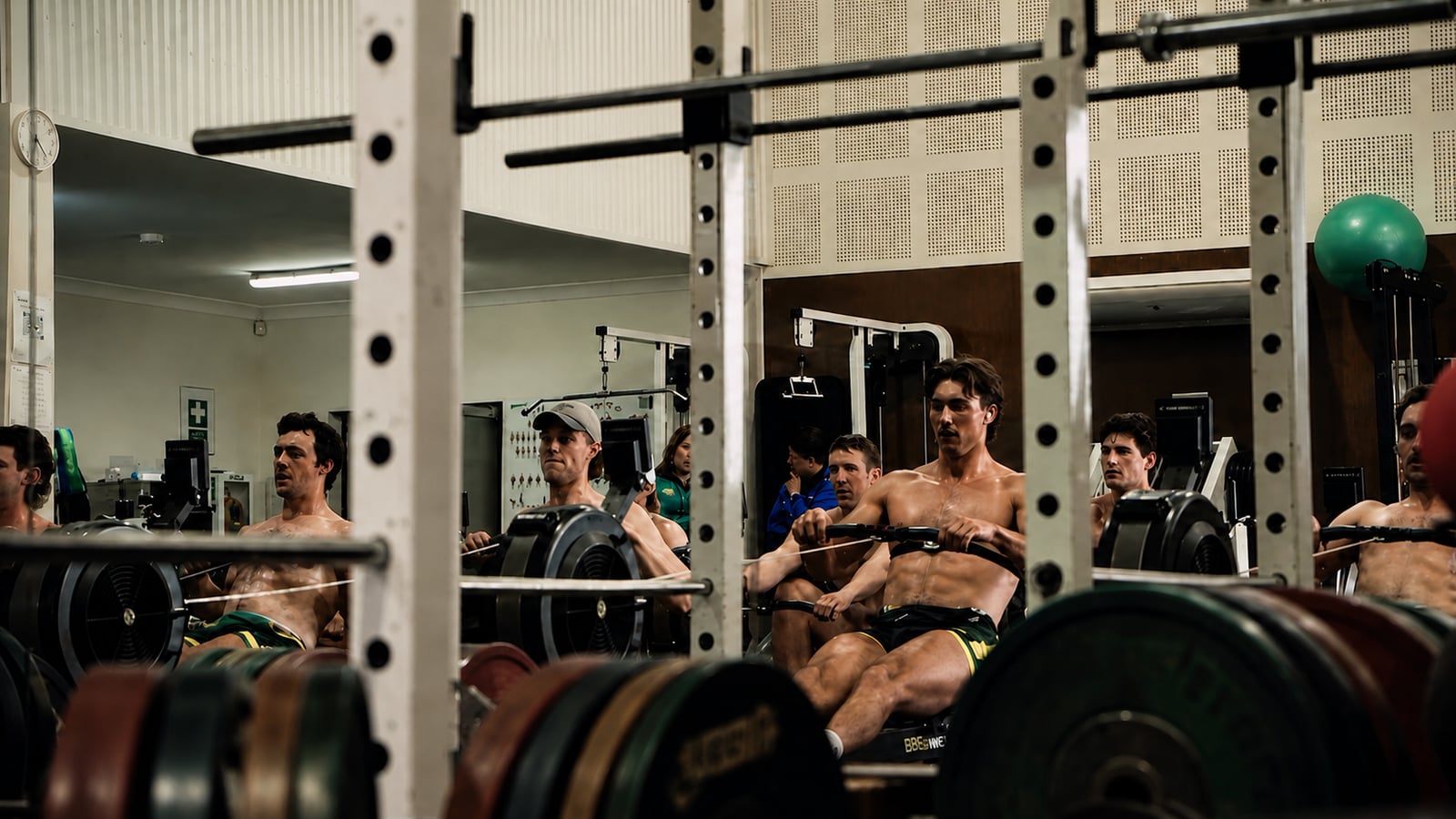 A line of elite athletes training on Concept2 RowErgs